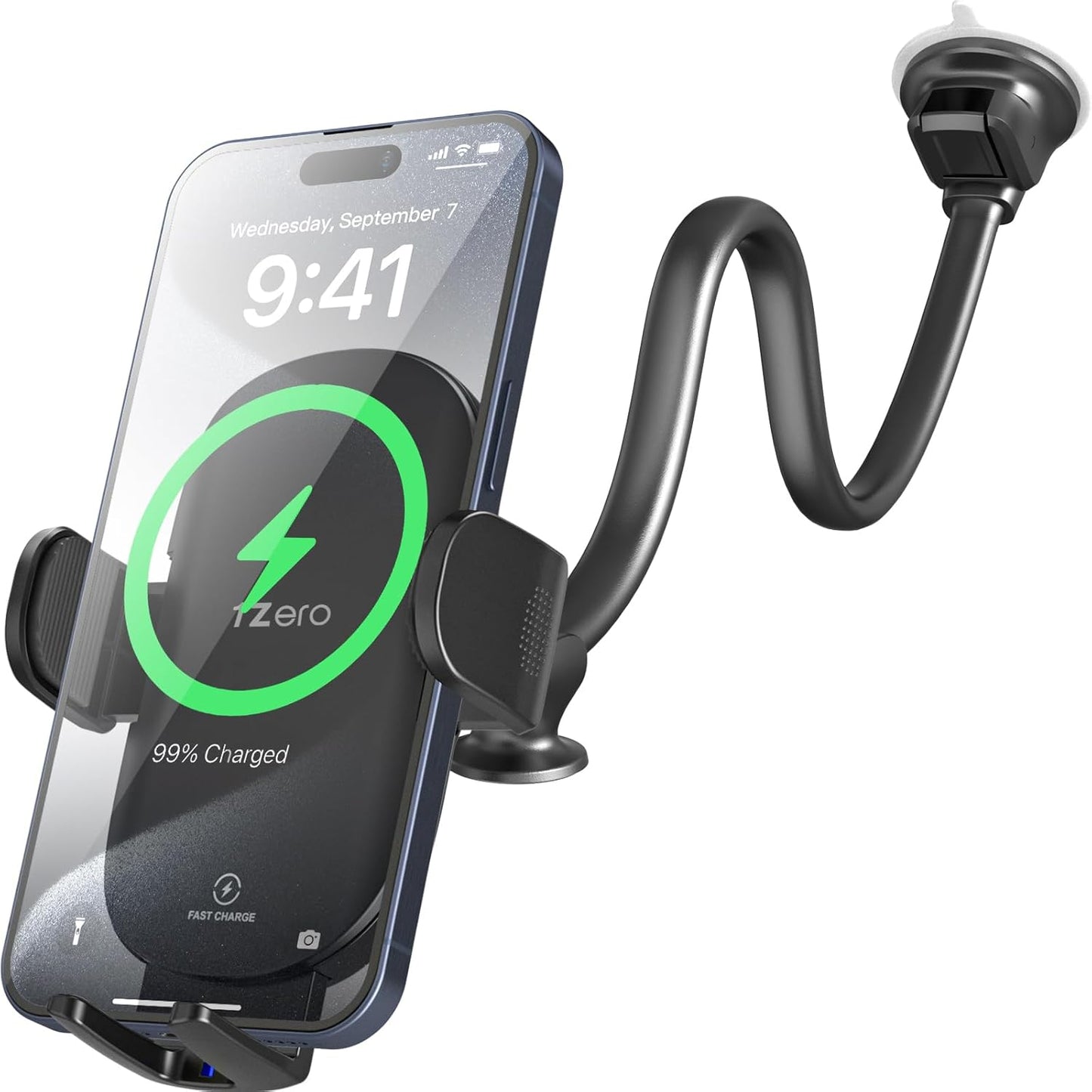 1Zero Solid Car Truck Phone Mount Holder with 14-Inch Gooseneck Long Arm, Windshield Window Mobile Holders w/Industrial-Strength Suction Cup, Anti-Shake Stabilizer Compatible All Cell Phones iPhone