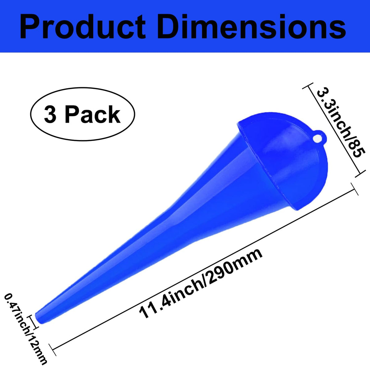 3-Pack Long-Neck Oil Funnels, 11" Multi-Purpose Funnels for Automotive & Motorcycle Use – Reusable Funnel for Oil, Gas & Transmission Fluid (Orange&Blue&Black)
