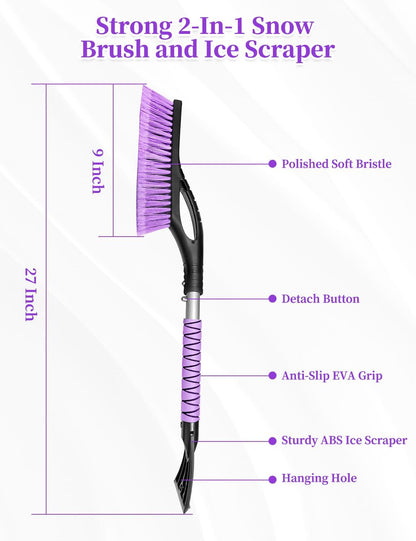 HEEYA 2 Pack 27 Inch Ice Scraper and Brush for Car, Snow Brush and Ice Scraper with Foam Grip, Detachable Snow Scraper for SUV Truck Vehicle Auto Windshield Window - Purple & Pink