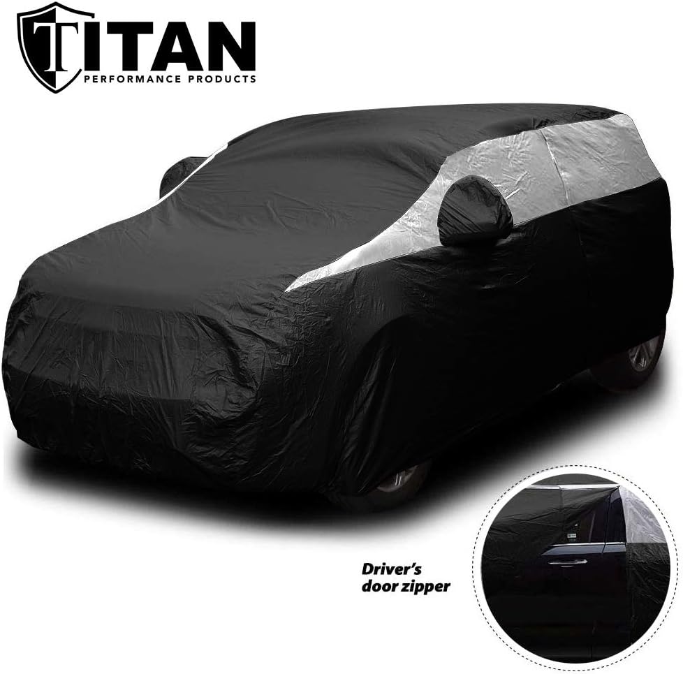 Titan Jet Black Poly 210T Car Cover for Sedans 186-202". Waterproof, UV Protection, Scratch Resistant, Driver-Side Zippered Opening. Fits Camry, Accord and More.