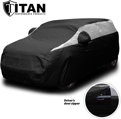 Titan Jet Black Poly 210T Car Cover for Sedans 186-202". Waterproof, UV Protection, Scratch Resistant, Driver-Side Zippered Opening. Fits Camry, Accord and More.