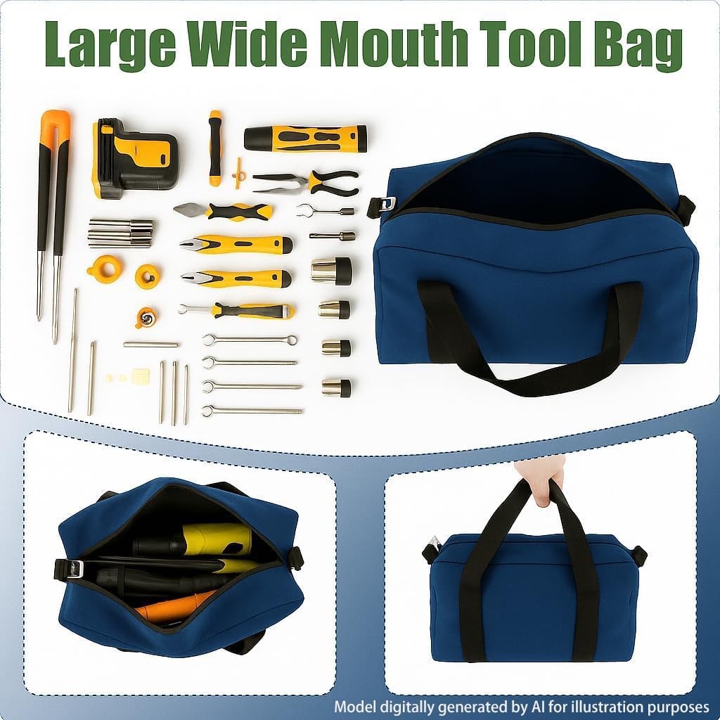 Small Tool Bag,Close Top Wide Mouth Tool Organizer Bag,Large Capacity Tool Bags for Men,Canvas Tool Storage Bag for Storage Handbag for Screwdrivers,Wrench,Pliers Hand Tools (black, 12 Inch)
