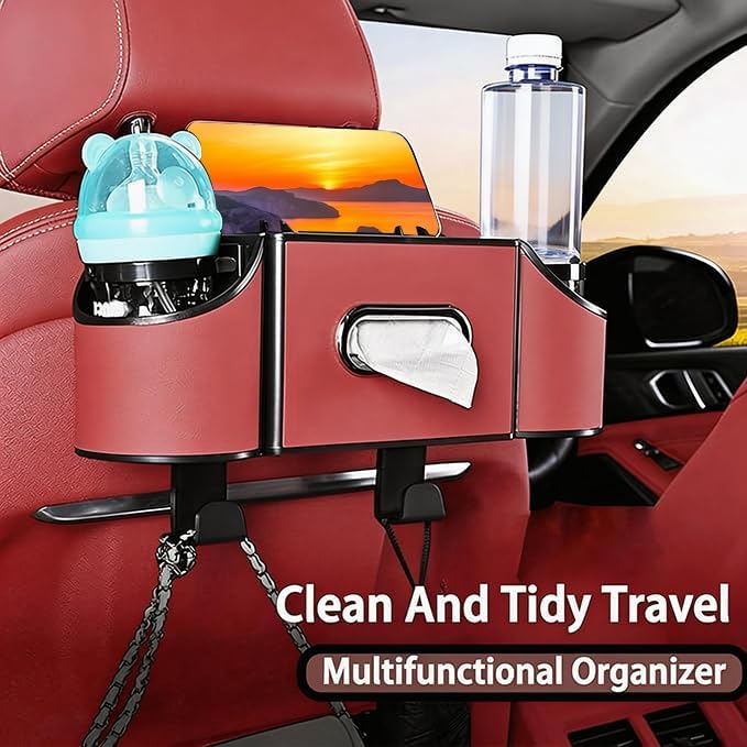 Back Seat Car Organizer,4 in 1 Multifunctional Car Back Seat Storage Box with Drink Cup Holder Tissue Box, for Hold Phone,Snacks, Drinks, Handbag-Black