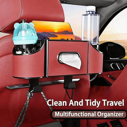 Back Seat Car Organizer,4 in 1 Multifunctional Car Back Seat Storage Box with Drink Cup Holder Tissue Box, for Hold Phone,Snacks, Drinks, Handbag-Black