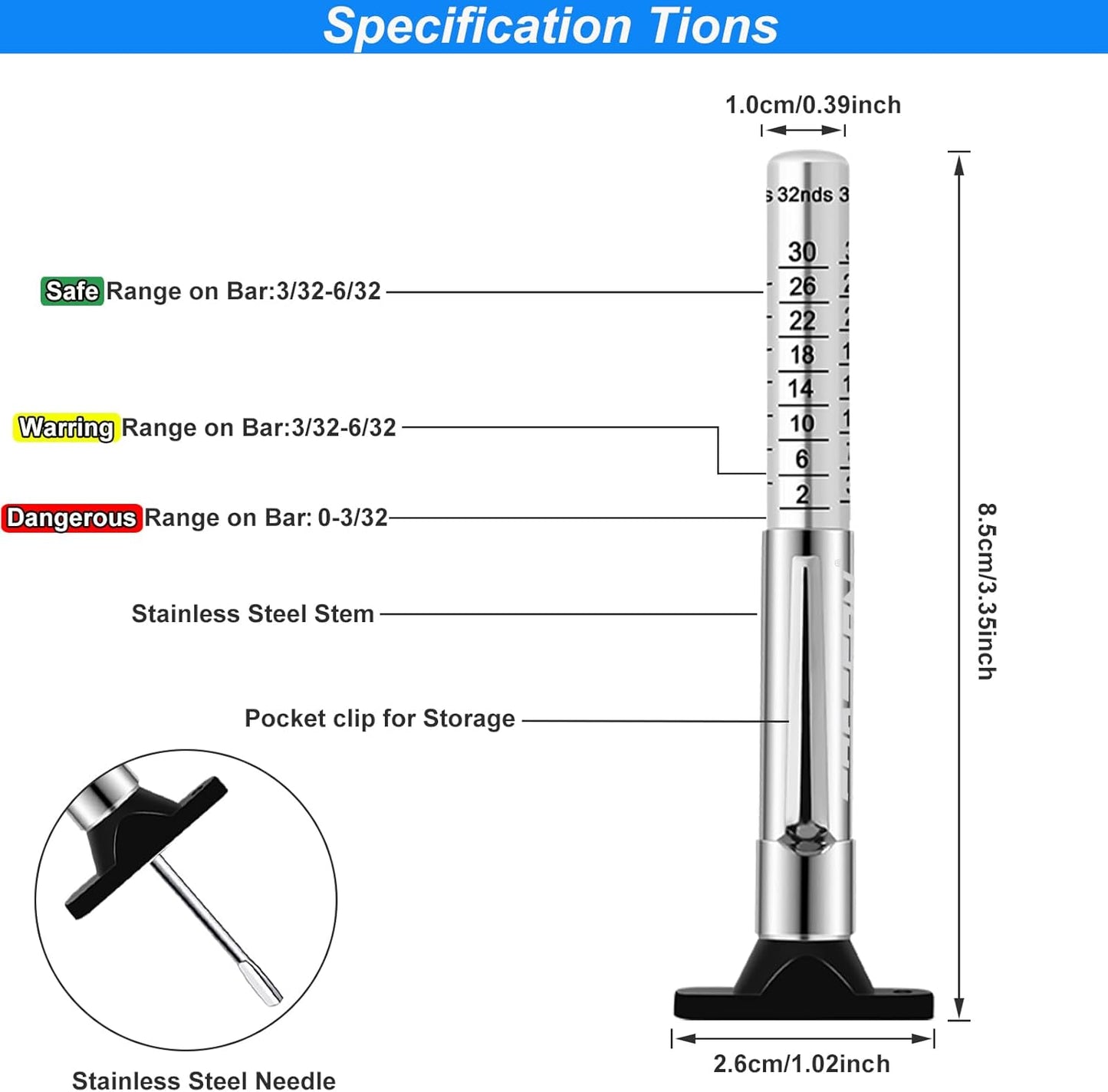 GODESON Tire Tread Depth Gauge,Metal Tread Depth Gauge with Clip,Tire Depth Gauge 32nds for car, Truck, Vehicle, Motocycler etc(Pack of 2)