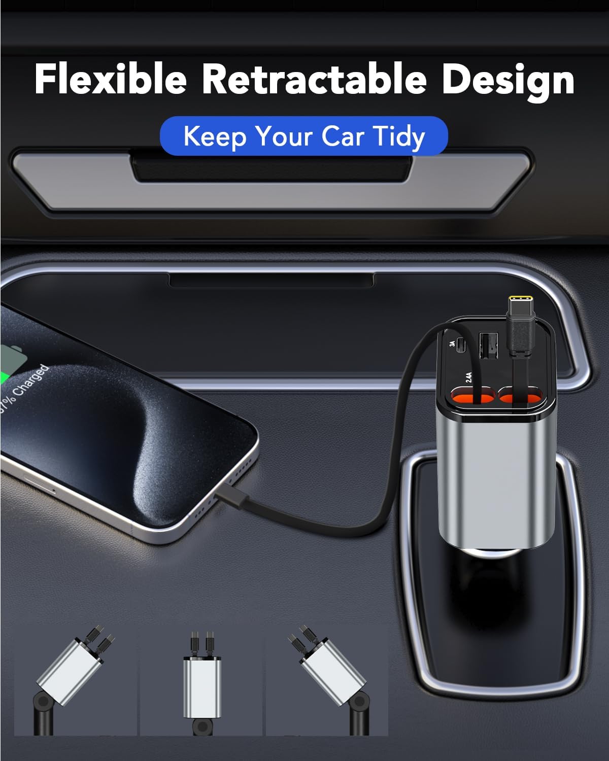 Retractable Car Charger,Car Phone Charger USB C Fast Charge,Cigarette Lighter USB Charger Car Accessories for Women,Road Trip Essentials Gift for Men,Car Charger for iPhone 17/16/15,Galaxy S26,Pixel