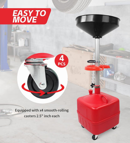 MaxWorks 50964 9-Gallon Portable Waste Oil Drain, Industrial Fluid Drain Square Tank with Wheels and Adjustable Funnel Height. Red.