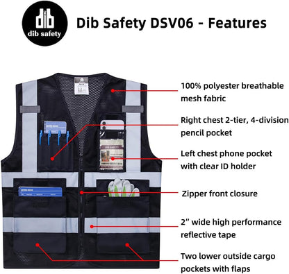 Dib Safety Reflective Safety Vest for Men Women, High Visibility Vest with Pockets and Zipper, ANSI Class 2