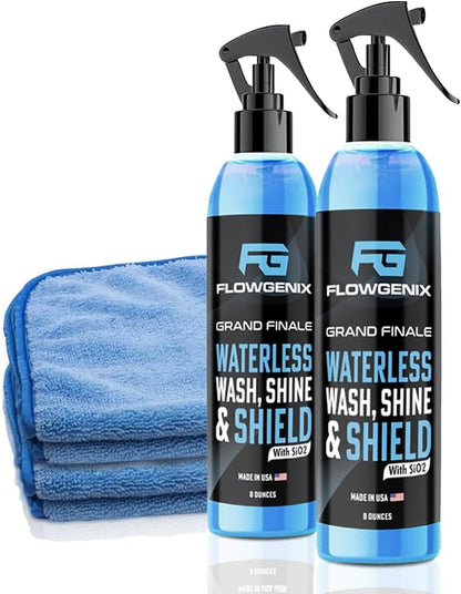Flowgenix™ Waterless Car Wash Spray - Grand Finale - Motorcycle Cleaner & Car Wax Polish (8 oz) - Ceramic Coating - Incl. 2 Microfiber Towels - Quick Detailer Spray to Make Your Vehicle Shine