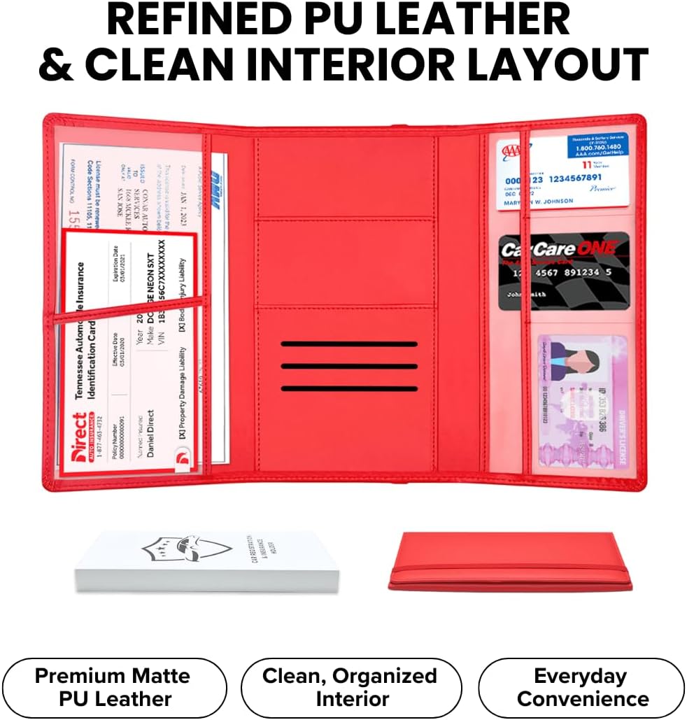 LINTRU Car Registration and Insurance Holder Trifold, Oversized Fit with Reinforced Construction, Matte PU Leather Vehicle Glove Box Organizer for Documents, Car Accessories for Men and Women