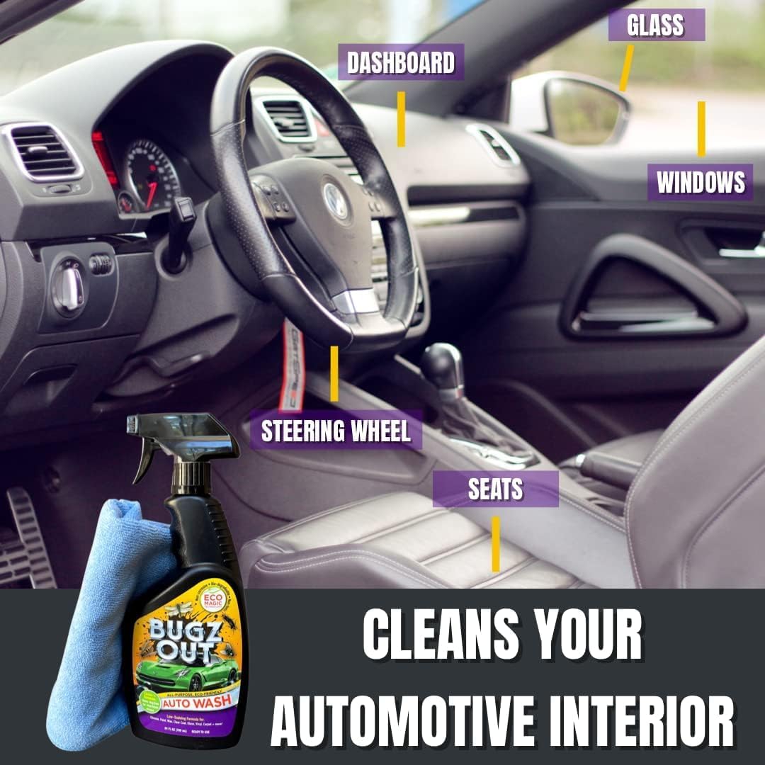 Bugz Out Car Bug Cleaner, Remover and Wash - Spray Bugs, Tar, Bird Poop Off Exterior of Car and Windshield. Remove Black Streaks Without Scratching or Removing Paint. 24 oz spray bottle with