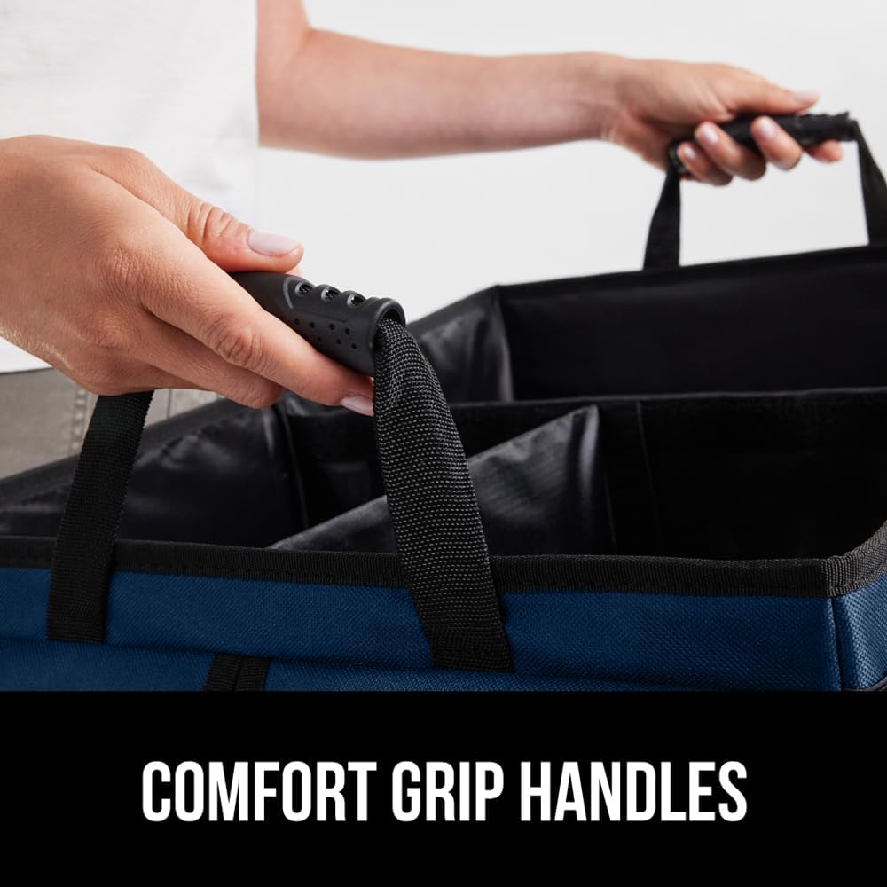 GORILLA GRIP Trunk Organizer for SUV and Cars, Large Capacity Collapsible Car Trunk Storage Organizer, Heavy Duty Car Accessories, Gifts for Mom and Dad, Slip & Water Resistant Multi Compartment Black