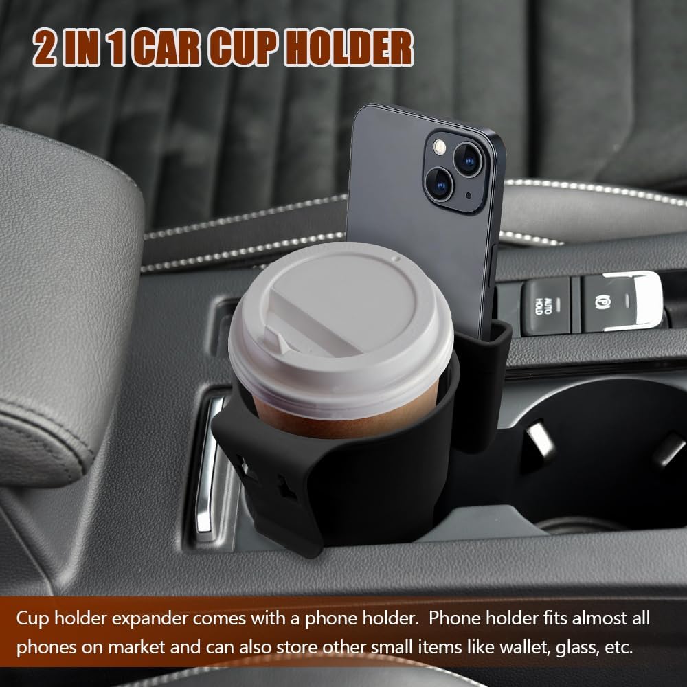 Car Cup Holder Expander, Cup Holder for Car, 2-in-1 Mobile Phone Drink Adapter, Auto Interior Accessories Multifunction Auto Seat Back and Armrest Box Storage Device for Most Vehicles (Black)