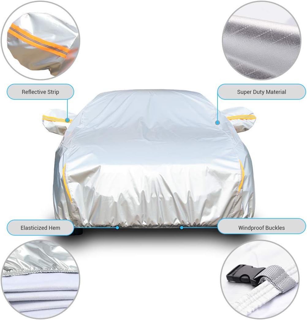 Tecoom Heavy Duty Multiple Layers Car Cover All Weather Waterproof Windproof Reflective Snow Sun Rain Protective Outdoor with Buckles and Belt Fit 191-200 Inches Sedan