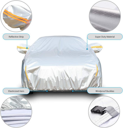 Tecoom Heavy Duty Multiple Layers Car Cover All Weather Waterproof Windproof Reflective Snow Sun Rain Protective Outdoor with Buckles and Belt Fit 191-200 Inches Sedan