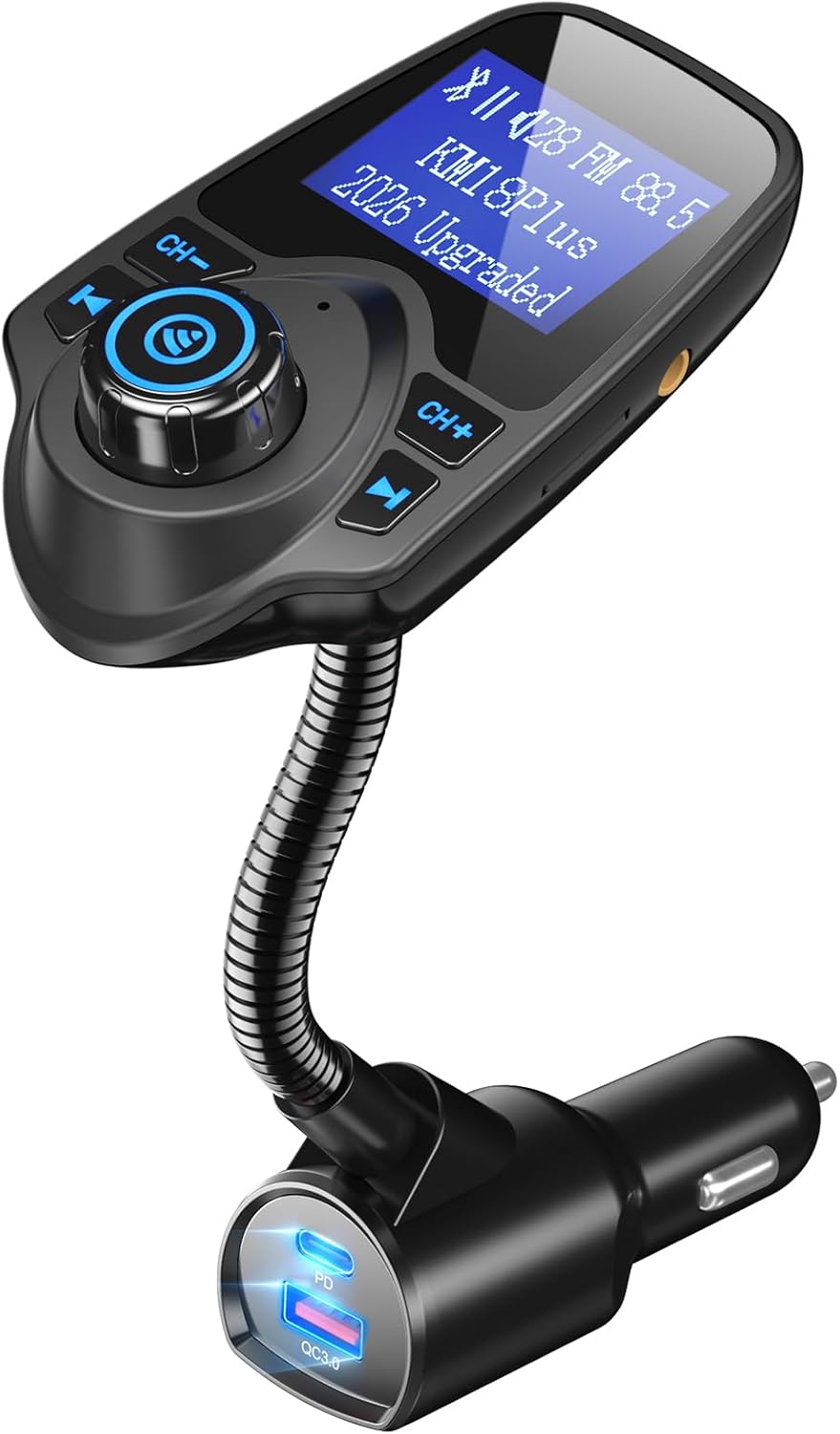 Nulaxy KM18 Plus Bluetooth 5.4 Car Adapter with 48W Fast Charging PD 30W & QC3.0 18W, 1.44" Screen Wireless Radio FM Transmitter with Flexible Gooseneck, Supports Hands-Free Call, TF Card & AUX, Black