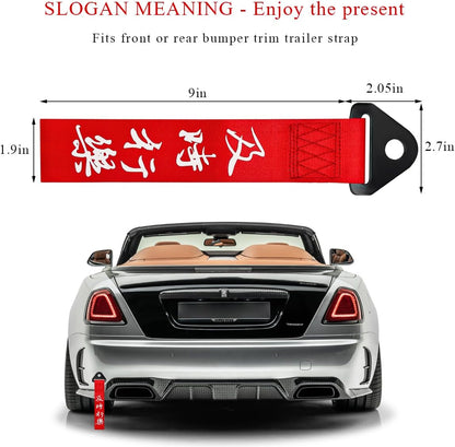 KVAEY Car JDM Tow Strap, Red Personalized Auto Racing Tow Strap with Chinese Slogan, Vehicle Decorative Traction Rope Fits Front and Rear Bumper, Universal Car Accessories (Style 1)