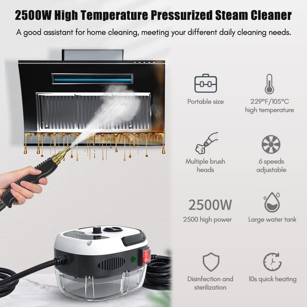 2500W Handheld Steam Cleaner High Temperature Pressurized Steam Cleaning Machine Portable Car Steamer with Brush Heads (Red)