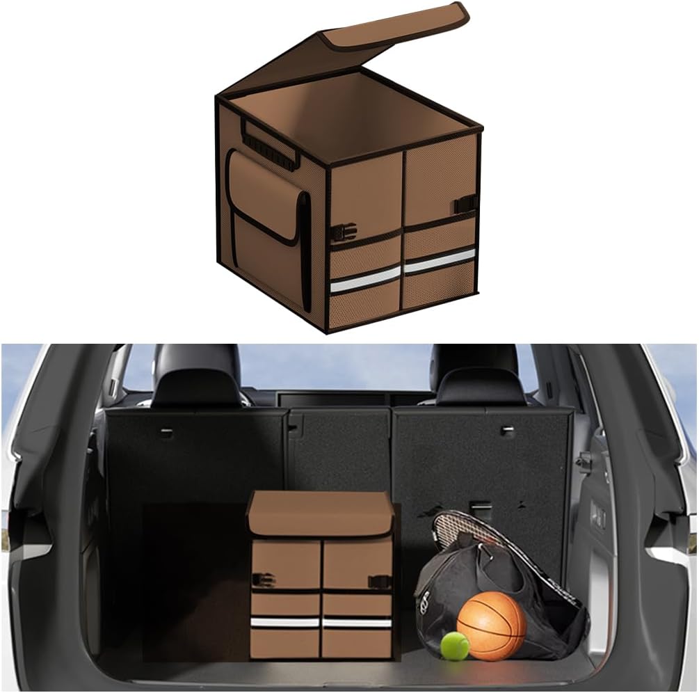 Car Trunk Organizer, Multi-Compartment Collapsible Vehicle Cargo Storage Organizer with Lid, Non Slip Waterproof Storage Box with Reinforced Handles, Universal Automotive Accessories (Black)