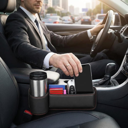 2-Pack Car Seat Gap Filler Organizer with Cup Holder - Premium Leather - Universal Fit - Keeps Cans/Phone/Keys/Wallets Organized