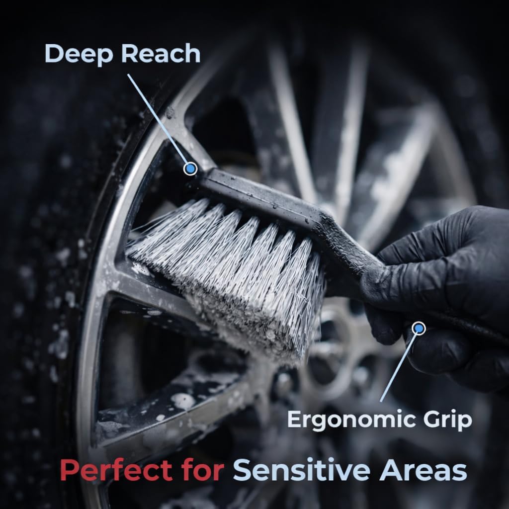 8PCS All-in-One Wheel & Tire Cleaning Kit - 360° Flexible Synthetic Wool Rim Brush, 2 Dual-Hardness Brushes, Dressing Pads & Storage Bag | Scratch-Free for All Vehicles