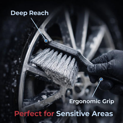 8PCS All-in-One Wheel & Tire Cleaning Kit - 360° Flexible Synthetic Wool Rim Brush, 2 Dual-Hardness Brushes, Dressing Pads & Storage Bag | Scratch-Free for All Vehicles