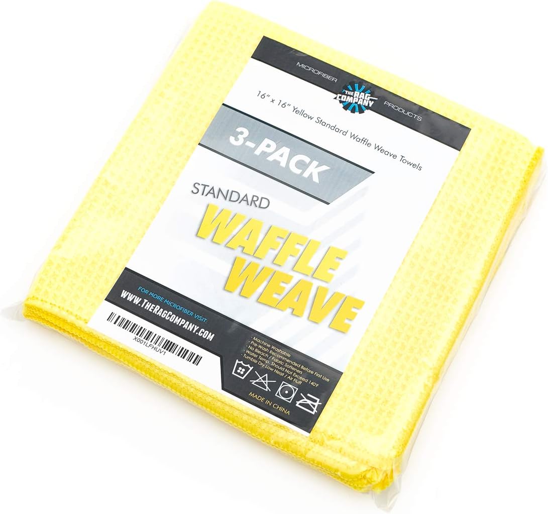 The Rag Company - Standard Waffle Weave Towels, Microfiber Detailing, Window/Glass and Drying, Wax & Polish, Lint-Free, Streak-Free, 370gsm, 16in x 16in, Light Blue (3-Pack)
