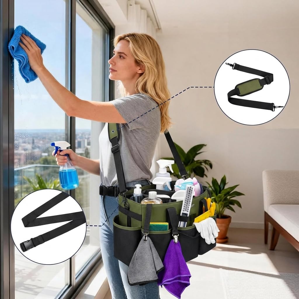 Ytonet Wearable Cleaning Caddy Organizer with Handle & Shoulder Straps, Large Cleaning Bag for Housekeepers, Kitchen Supplies Organizer with Dividers, Under Sink & Car Detailing Bag, Green