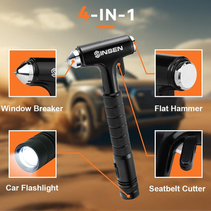 SINSEN Car Safety Hammer Flashlight, Tactical Emergency Rescue Tool, LED High Lumens Rechargeable Solar Powered Escape Kit, Window Glass Breaker and Seatbelt Cutter, Self Defense Multi-Function Torch