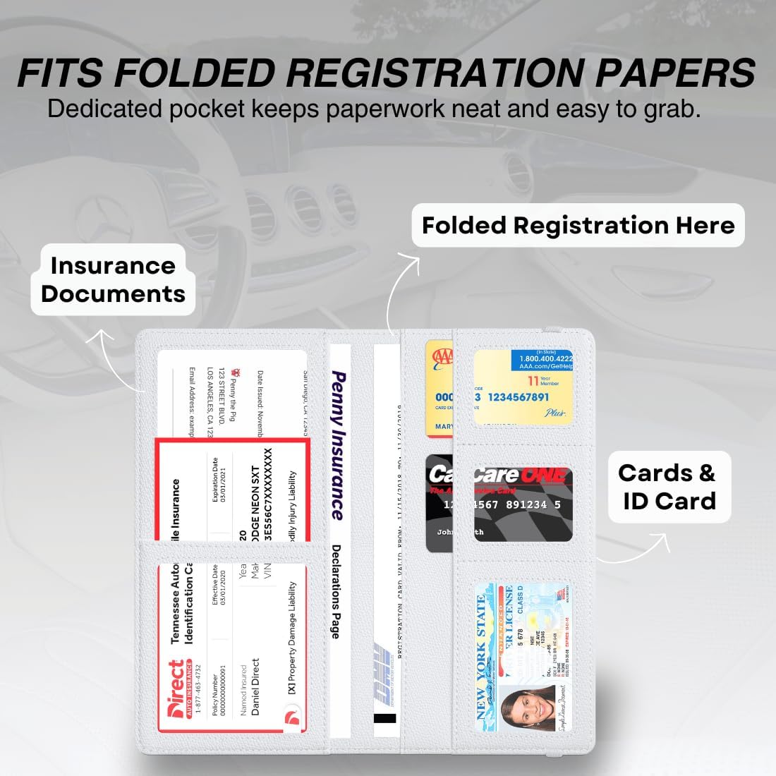 LINTRU Car Insurance and Registration Card Holder, Fits Folded Registration Papers, Double-Stitched Rigid Backing, Secure Elastic Closure, Vehicle Document Organizer, Car Accessories for Men & Women