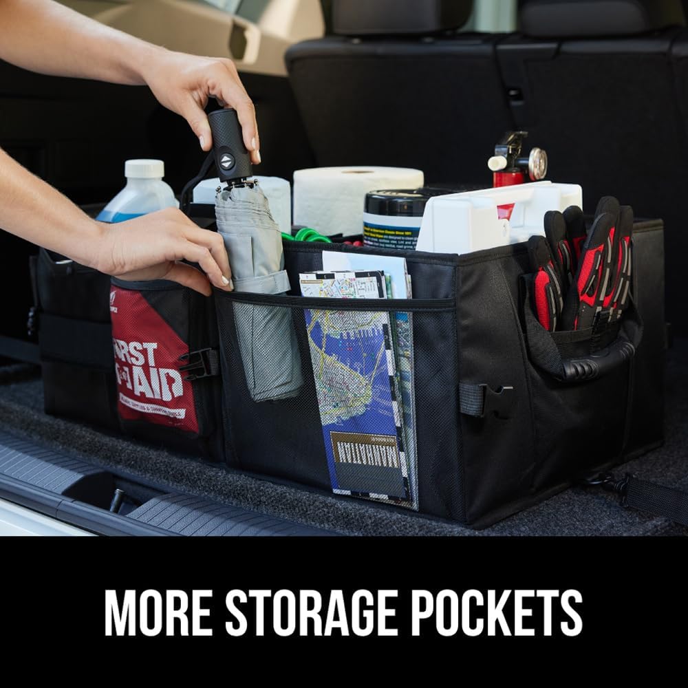 GORILLA GRIP Trunk Organizer for SUV and Cars, Large Capacity Collapsible Car Trunk Storage Organizer, Heavy Duty Car Accessories, Gifts for Mom and Dad, Slip & Water Resistant Multi Compartment Black