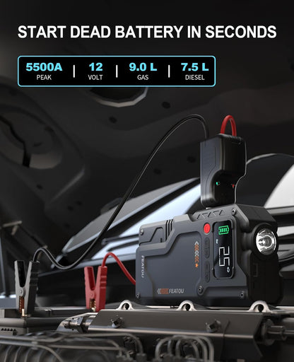 Featou Jump Starter with Air Compressor, 5 in 1 Functional Jump Box 5500A Peak Power Pack with 150PSI Digital Tire Inflator, Portable Car Charger Jumper for 9.0L Gas or 7.5L Diesel