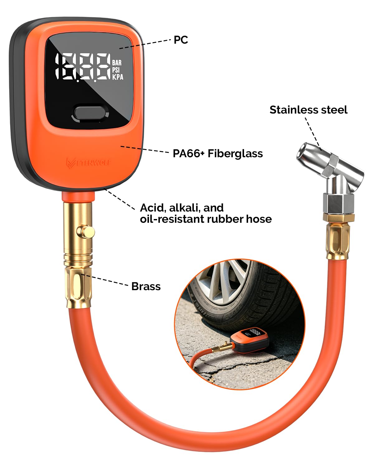 ETENWOLF T600 Digital Tire Pressure Gauge 0-250 PSI, ANSI B40.7 2A Grade High Precision(Plus-Minus 0.5%),Tire Gauge for Tire Pressure with Rubber Hose, Replaceable AA Batteries