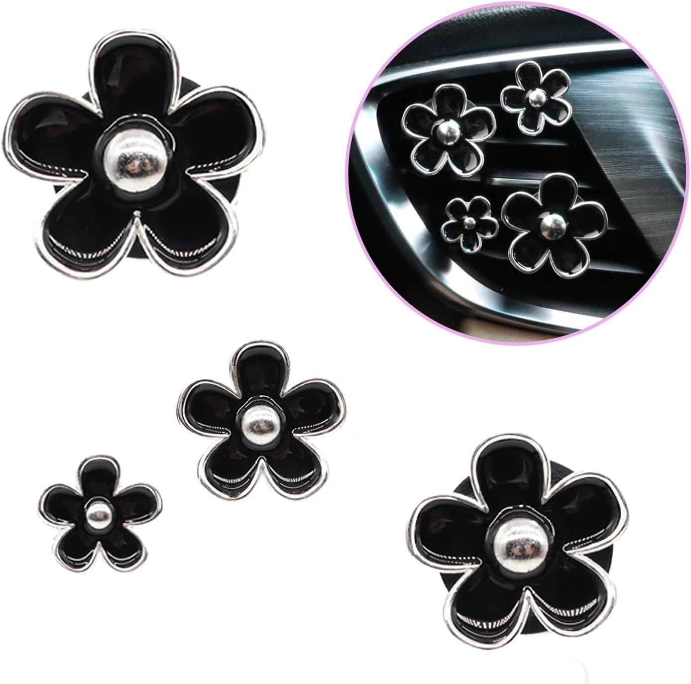 ORIESSE 4pcs Cute Daisy Flowers Car Air Freshener Vent Clips,Girly Flowers Car Accessories for Women,4 Sizes Sparkle Black Silver Flower Car Vent Clips,Refillable Clips On Car Diffuser