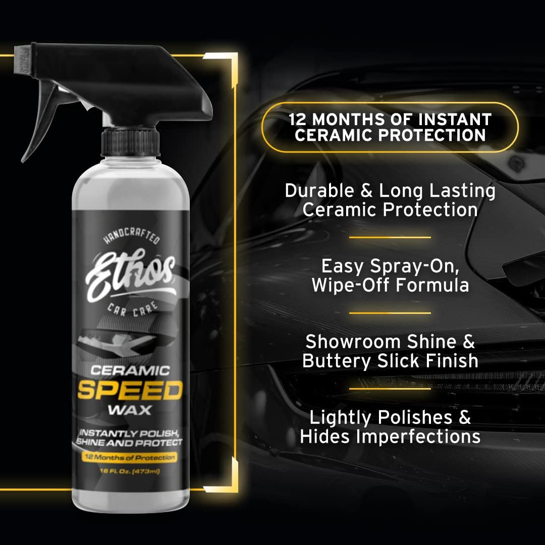 Ethos Ceramic Speed Wax – SiO2 Ceramic Coating Spray for Cars – Hydrophobic Car Wax Spray Top Coat Polish – High Gloss Shine, Ceramic Spray Wax – 12+ Month Protection