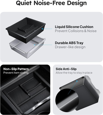Wigoo Center Console Organizer for Tesla Model Y Juniper (Only Premium & Performance 2025 2026) and All Model 3 Highland Accessories [Double-Layer Storage, Smooth Sliding] 4PCS Black