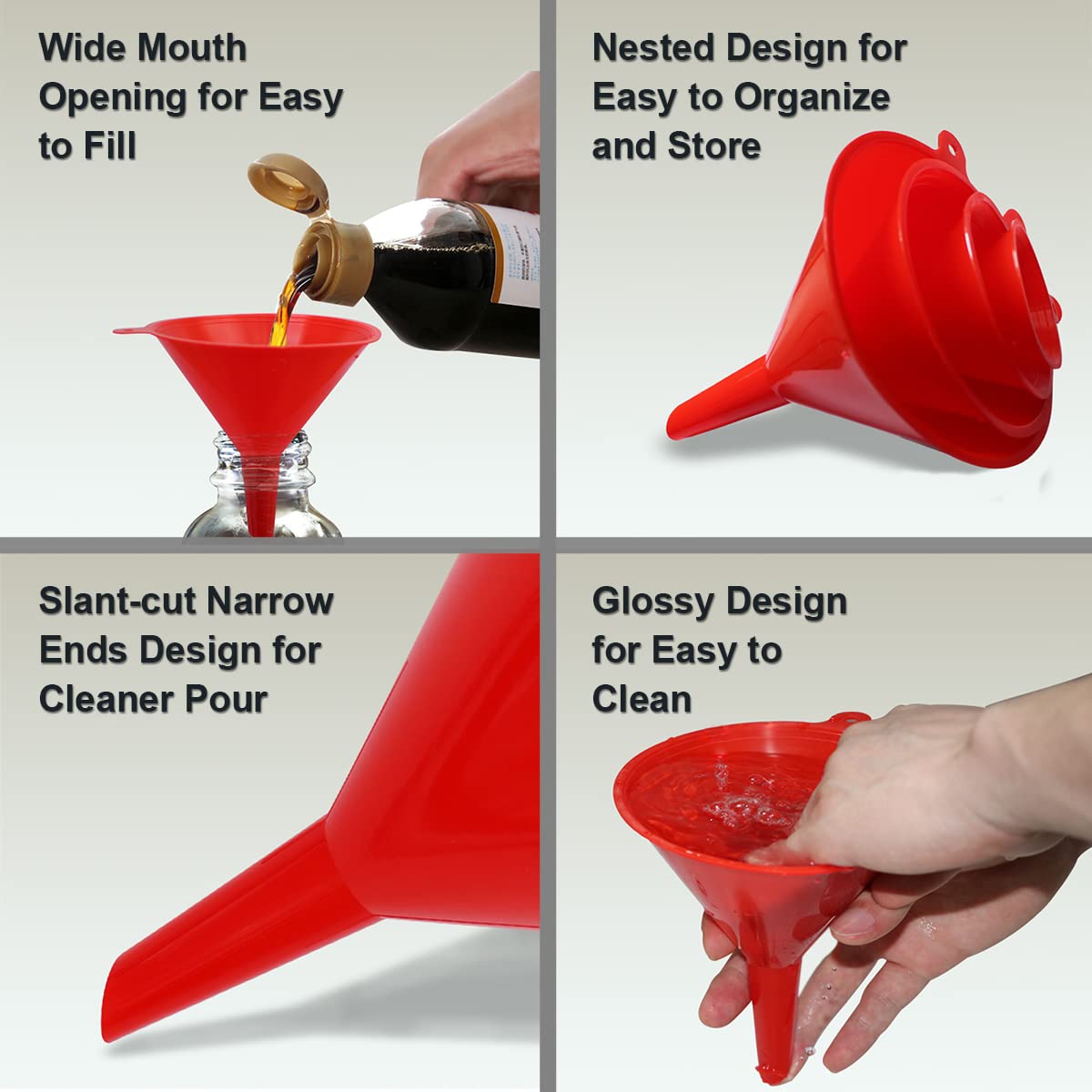KongNai 4 Pieces Plastic Funnel Set for Kitchen and Automotive Use, Mini, Small, Medium and Large Funnel for Filling Bottles, Canning, Cooking, Lab or Car Oil Funnels (Red)