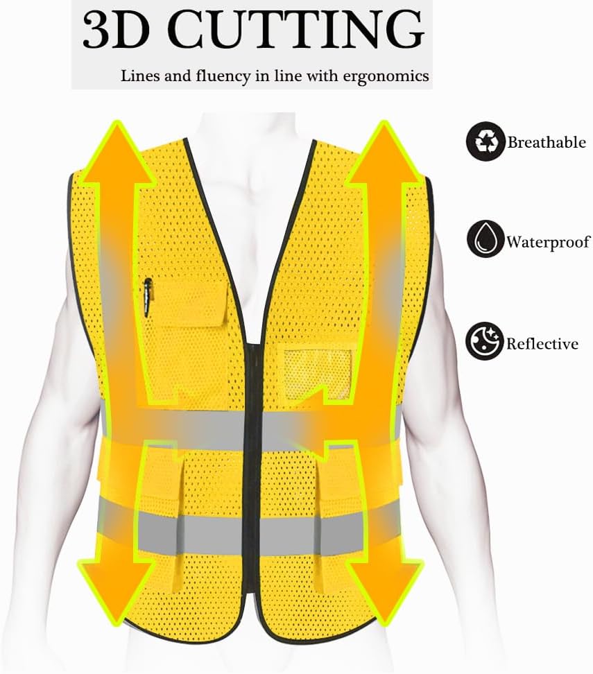 HYCOPROT High Visibility Mesh Safety Reflective Vest with Pockets and Zipper, Meets ANSI/ISEA Standards