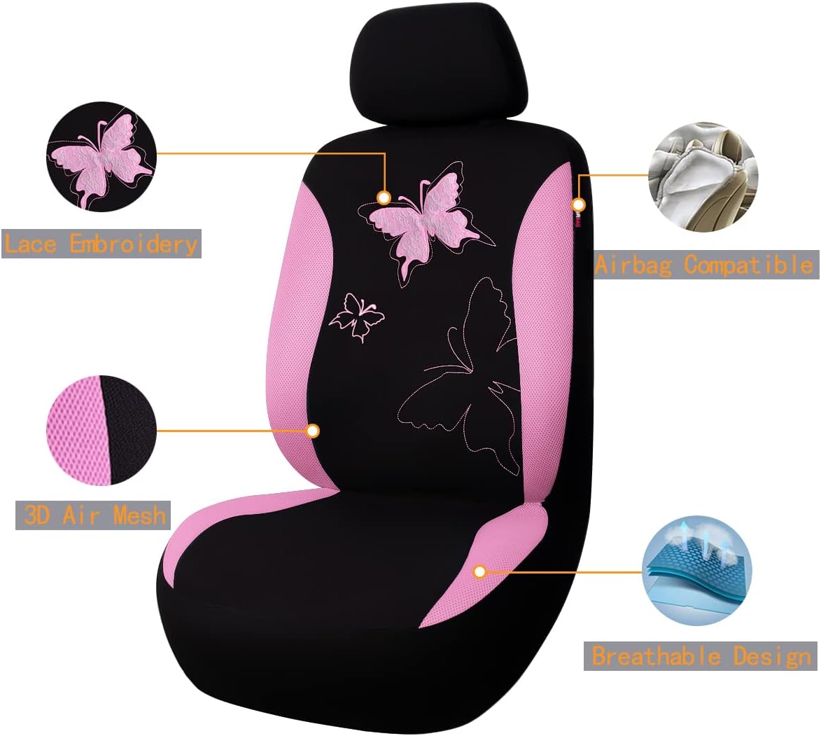 Flying Banner Butterfly car seat Covers ful Set Fashion Universal Lady Woman Female Rear Bench Split Colorized (Pink, 2 Fronts - Lace)