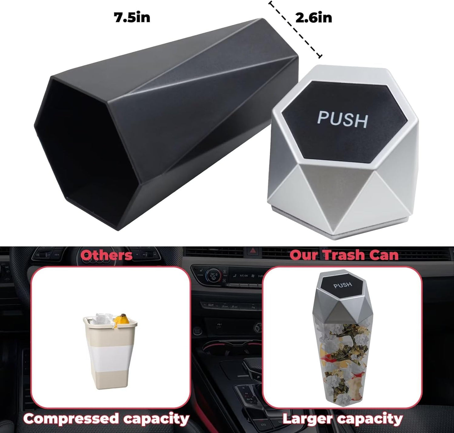 BFXM Car Trash Can, Car Trash Bin with Lid, Car Accessories for Women Interior, Car Garbage Can with Additional 2 ABS Hooks and 60pcs Trash Bags, Suitable for Home, Office, Car Organizer, Black