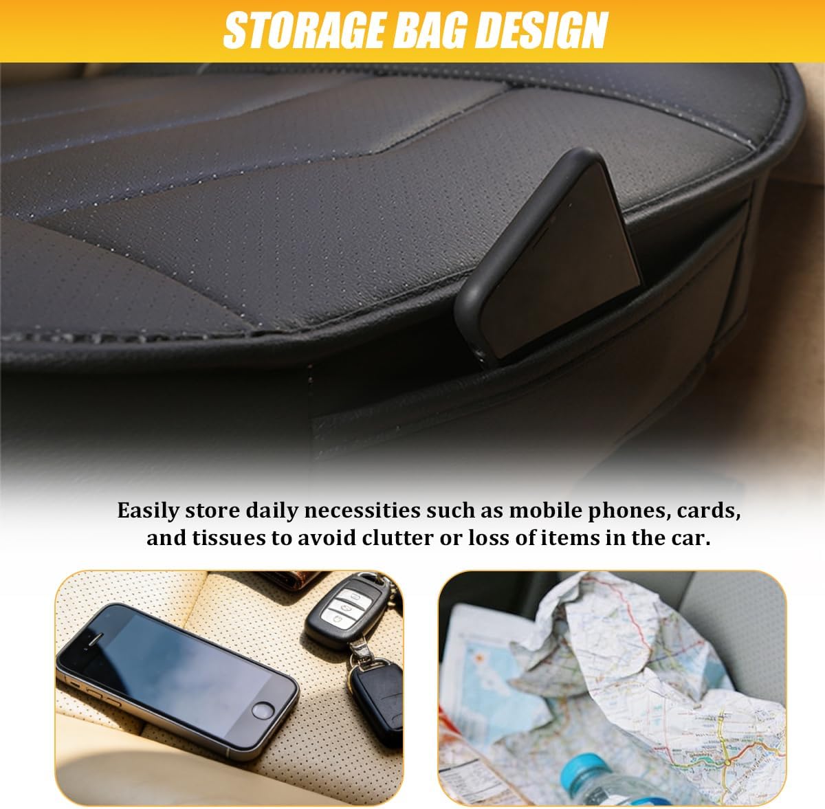 HZEL Car Front Bottom Seat Cover, Breathable Leather Full Wrapped Non-Slip Bottom Driver Seat Cushion with Storage Pocket, Comfortable Auto Interior Chair Protection Cover, Universal Fit (Coffee)