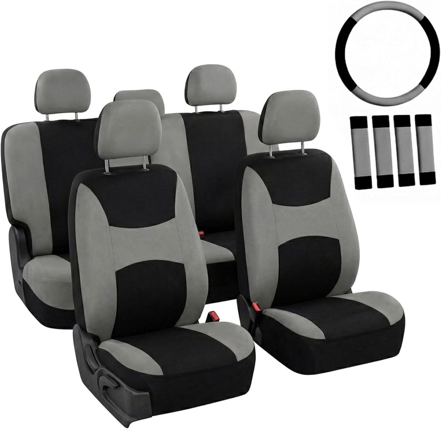 FH Group Full Set Cloth Car Seat Covers, Universal Fit Front and Split Bench Rear, Airbag Compatible, Washable for SUV, Sedan, Van - Black