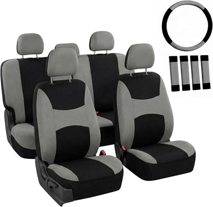 FH Group Full Set Cloth Car Seat Covers, Universal Fit Front and Split Bench Rear, Airbag Compatible, Washable for SUV, Sedan, Van - Black