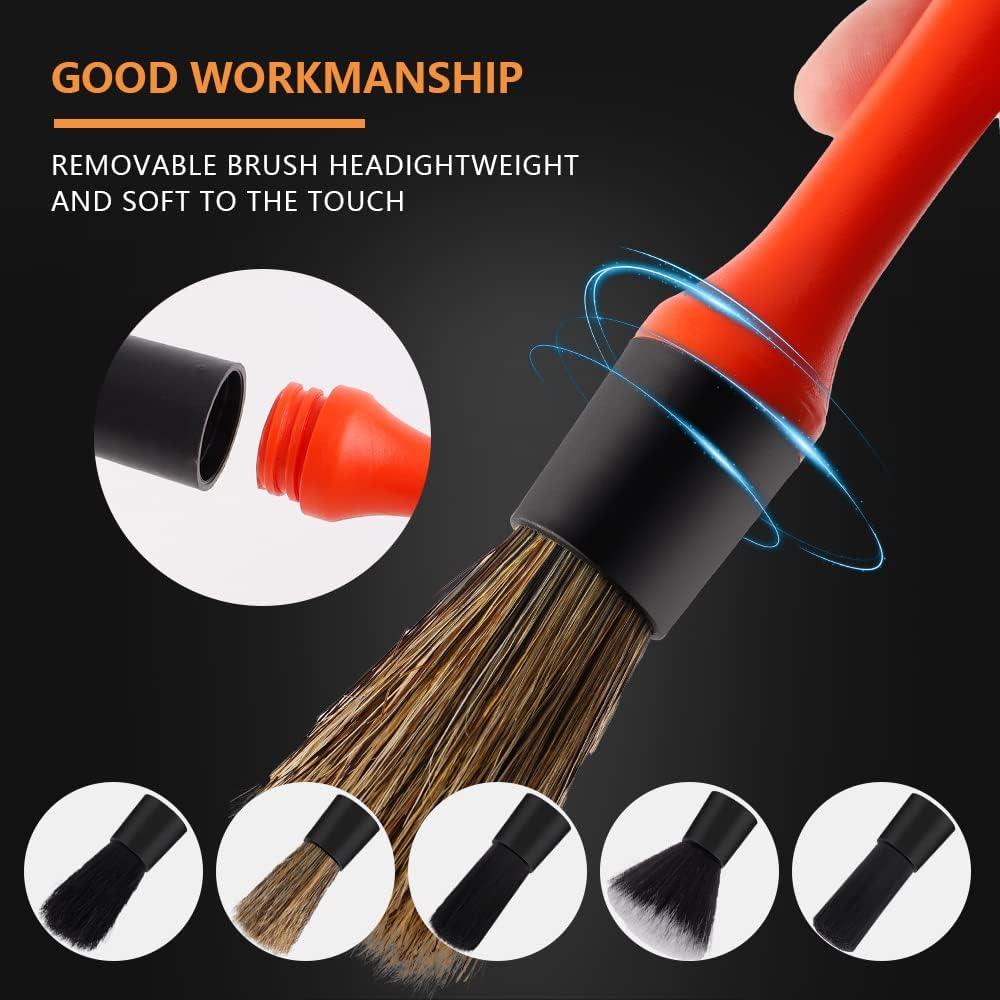 SPTA Car Detailing Brush Set, 5 Pack Soft Boar Hair Auto Detail Brush Kit with Elbow for Automotive Elegant Surface Interior Exterior Dashboard Emblems Panels Engine Bay Wheels Air Vent Seat Leather