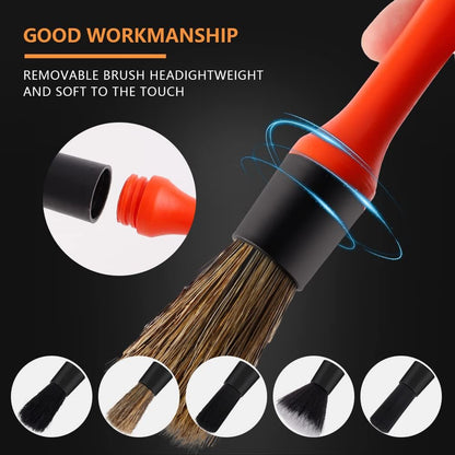 SPTA Car Detailing Brush Set, 5 Pack Soft Boar Hair Auto Detail Brush Kit with Elbow for Automotive Elegant Surface Interior Exterior Dashboard Emblems Panels Engine Bay Wheels Air Vent Seat Leather