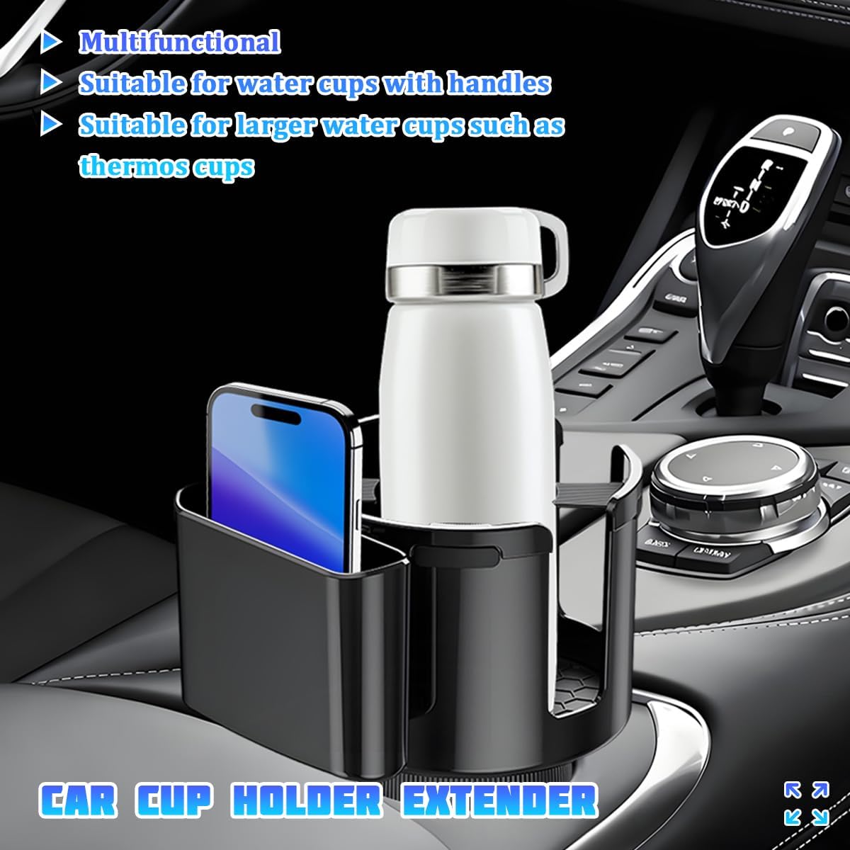 Car Cup Holder Expander, 2 in 1 Multifunctional Vehicles Drink Cup Adapter with Adjustable Base, Automotive Water Bottle Insert Holder, Universal for Automobile RV Truck