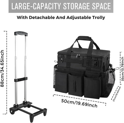 SCAVATA Rolling Cleaning Caddy Bag with Detachable Trolley, Large Cleaning Supplies Organizer with Wheels, Multi Pocket Cleaning Cart with Adjustable Shoulder Strap for Housekeepers & Home Use, Black