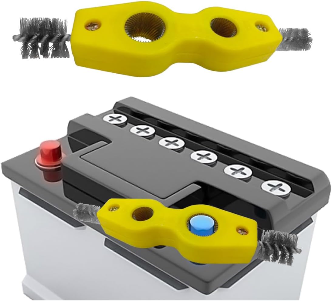 4 in 1 Car Battery Terminal Cleaner, Car Battery Post Cleaner, Anti-Rust Car Battery Terminals Machine Parts Cleaning Brush, Universal Car Cleaning Tool Accessories (Yellow, 1PC)
