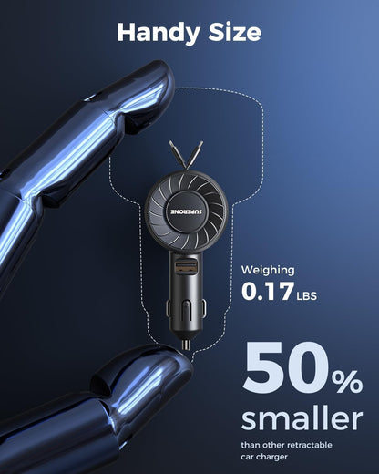 SUPERONE Retractable Car Charger for iPhone with Dual Type C Cables, 4 in 1 USB C Car Charger Adapter with 69W Fast Charging Compatible with iPhone 17 16 15 14 13 12 11 Pro/XS/XR/SE/iPad/Airpods