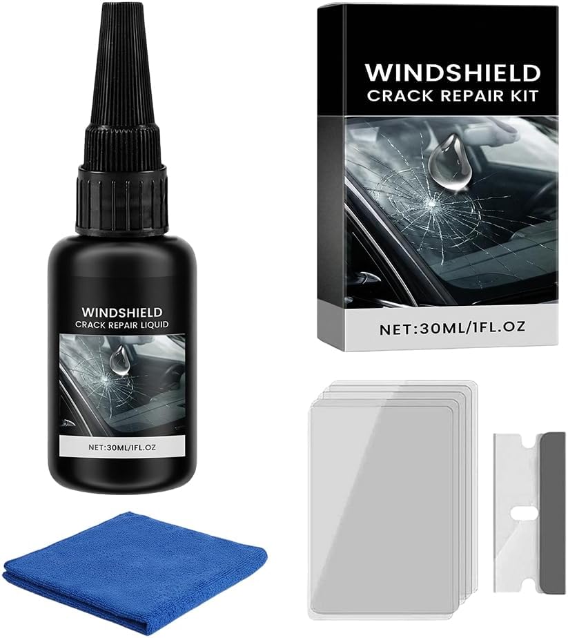 Windshield Crack Repair Kit, 2026 New Advanced Formula Quick Fix with 30ml Glass Repair Liquid 1 Towel 1 Blade 5 Curing Films, Universal Cracks Gone Glass Repair Kit (1 * Black)